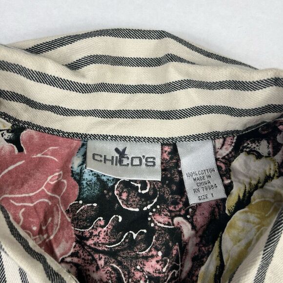 Chicos Button Down Shirt Striped Contrast Trim Long Sleeve Work Top 1 MEDIUM - Picture 5 of 10